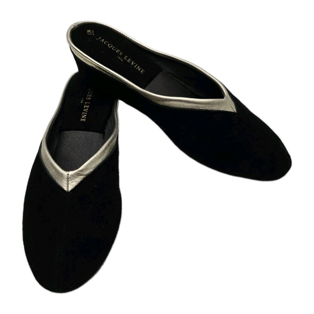 Jacques Levine Leisure Loungers Slippers Black Suede Gold Leather Trim Size 6 AA